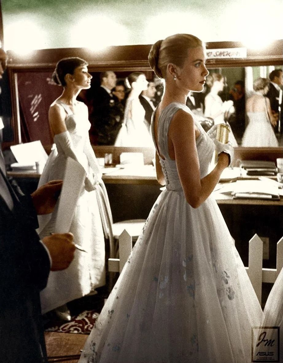 Grace Kelly and Audrey Hepburn backstage, 1950s